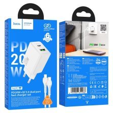 Зарядний пристрій HOCO N69 Nuevo, PD20W + QC3.0, два порти (USB-C + USB-A), комплект з кабелем Type-C to Lightning, EU-вилка, білий