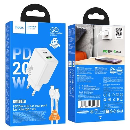 Зарядний пристрій HOCO N69 Nuevo, PD20W + QC3.0, два порти (USB-C + USB-A), комплект з кабелем Type-C to Lightning, EU-вилка, білий