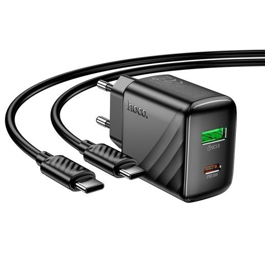 Мережевий зарядний пристрій HOCO CS25A TYPE-C PD 20W + USB QC 3.0 + КАБЕЛЬ TYPE-C - TYPE-C, чорний