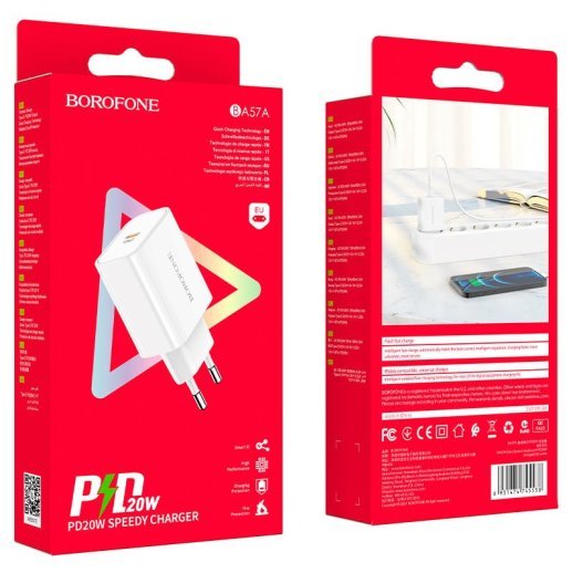 Мережевий зарядний пристрій BOROFONE BA57A Easy Speed single port PD20W USB-C, БІЛИЙ