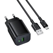Мережевий зарядний пристрій Borofone BAS82A USB QC3.0 + кабель USB - MicroUSB, чорний