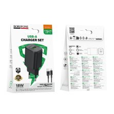 Мережевий зарядний пристрій Borofone BAS82A USB QC3.0 + кабель USB - MicroUSB, чорний