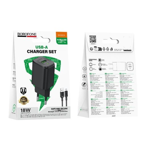 Мережевий зарядний пристрій Borofone BAS82A USB QC3.0 + кабель USB - MicroUSB, чорний