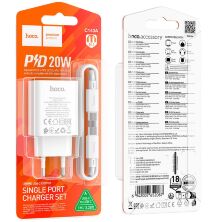 Мережевий зарядний пристрій HOCO C143A TYPE-C PD 20W + кабель TYPE-C - TYPE-C, білий