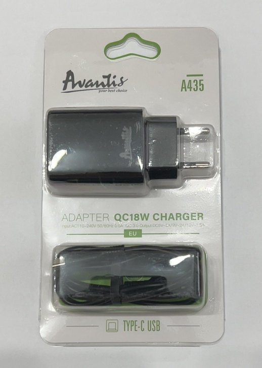 Мережевий Зарядний Пристрій Avantis A435 1USB QC3.0 Type-C Black