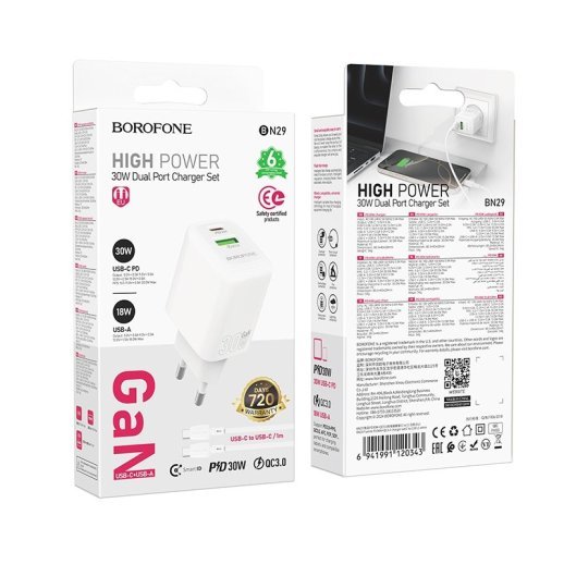 Мережевий зарядний пристрій BOROFONE BN29 TYPE-C PD 30W / USB QC3.0 + кабель TYPE-C - TYPE-C, білий