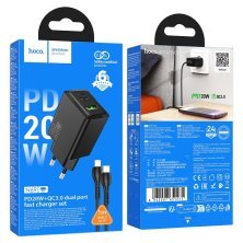 Зарядний пристрій HOCO N69 Nuevo, PD20W + QC3.0, два порти (USB-C + USB-A), комплект з кабелем Type-C to Lightning, EU-вилка, чорний
