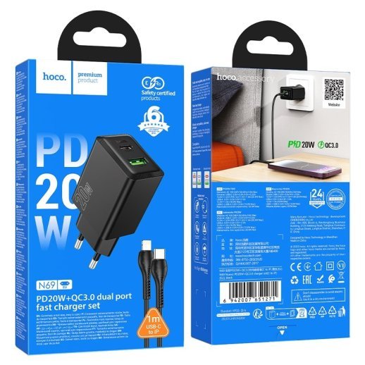Зарядний пристрій HOCO N69 Nuevo, PD20W + QC3.0, два порти (USB-C + USB-A), комплект з кабелем Type-C to Lightning, EU-вилка, чорний