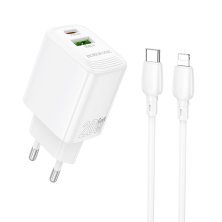 Мережевий зарядний пристрій BOROFONE BN27 TYPE-C PD 20W / USB QC3.0 + кабель TYPE-C - LIGHTNING, білий