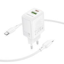Мережевий зарядний пристрій BOROFONE BN27 TYPE-C PD 20W / USB QC3.0 + кабель TYPE-C - LIGHTNING, білий