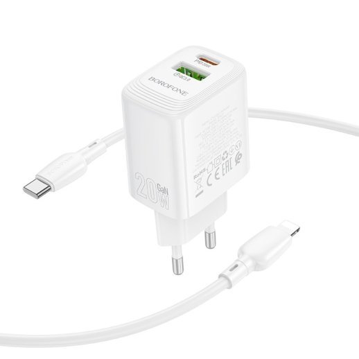 Мережевий зарядний пристрій BOROFONE BN27 TYPE-C PD 20W / USB QC3.0 + кабель TYPE-C - LIGHTNING, білий