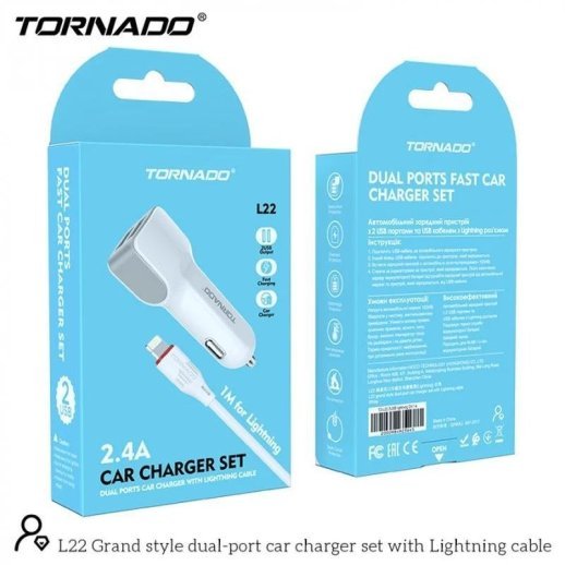 Автомобільний зарядний пристрій Tornado L22 Lightning 2USB White
