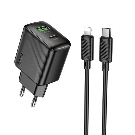 Мережевий зарядний пристрій HOCO CS25A TYPE-C PD 20W + USB QC3.0 + КАБЕЛЬ TYPE-C - LIGHTNING, чорний