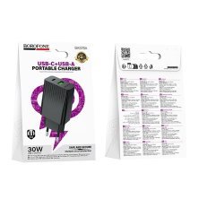 Мережевий зарядний пристрій BOROFONE BAS76A TYPE-C PD 30W + USB QC3.0, чорний