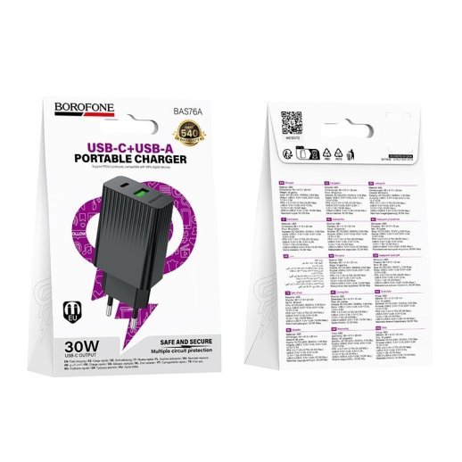 Мережевий зарядний пристрій BOROFONE BAS76A TYPE-C PD 30W + USB QC3.0, чорний