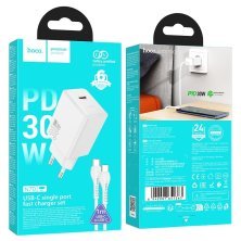 Зарядний пристрій HOCO N70 Nuevo, 30 Вт PD, один USB-C порт, комплект з кабелем Type-C to Type-C, EU-вилка, білий