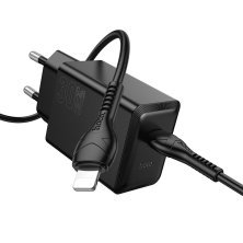 Зарядний пристрій HOCO N70 Nuevo, 30 Вт PD, один USB-C порт, комплект з кабелем Type-C to Lightning, EU-вилка, чорний