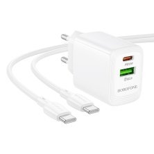 Мережевий зарядний пристрій BOROFONE BN27 TYPE-C PD 20W / USB QC3.0 + кабель TYPE-C - TYPE-C, білий