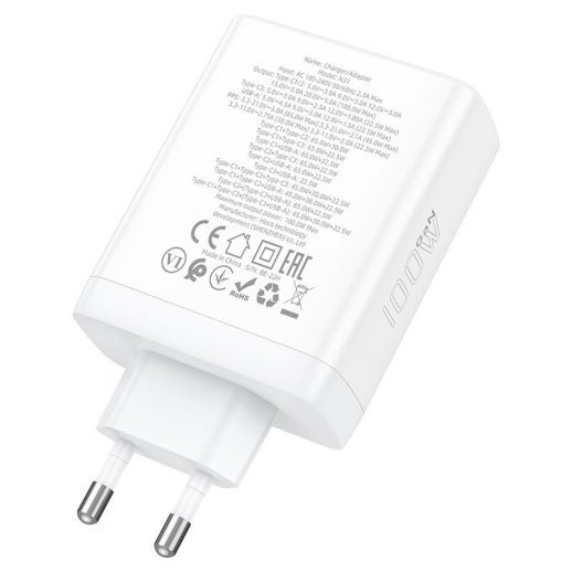 Мережевий зарядний пристрій HOCO N31 PD 100W (3*TYPE-C + 1*USB QC 3.0), GaN, білий