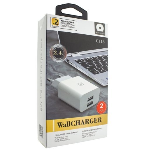 Мережевий зарядний пристрій WUW C118 2USB 2.4A (2 МЗП в упаковці) (40)