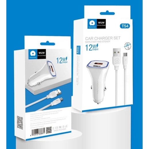 Автомобільний зарядний пристрій WUW T54 USB + TYPE-C 2.4A + кабель USB Type-C (20)