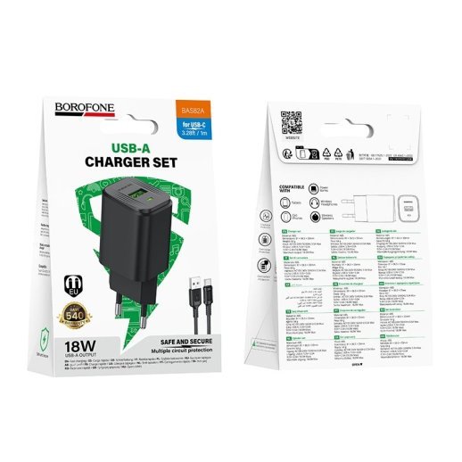 Мережевий зарядний пристрій BOROFONE BAS82A USB QC3.0 + кабель USB - TYPE-C, чорний
