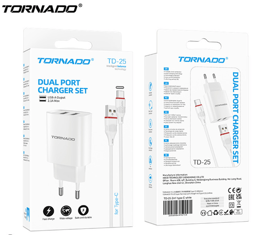 Сетевое Зарядное Устройство 2in1 TORNADO TD-25 (2USB Super Fast Dual Charge) Type-C Black