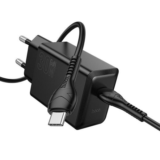 Зарядний пристрій HOCO N70 Nuevo, 30 Вт PD, один USB-C порт, комплект з кабелем Type-C to Type-C, EU-вилка, чорний