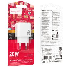 Мережевий зарядний пристрій HOCO CS54A TYPE-C PD 20W + USB QC 3.0, білий