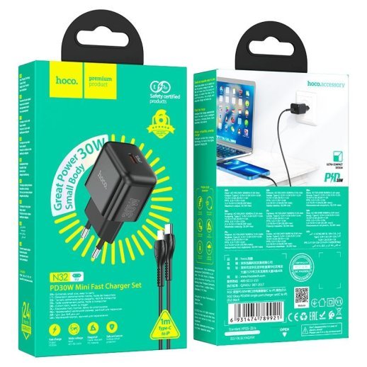 Мережевий зарядний пристрій HOCO N32 TYPE-C PD 30W + КАБЕЛЬ Type-C - Lightning
