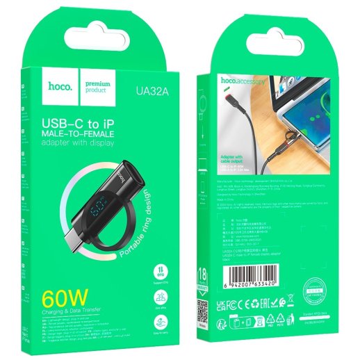 Перехідник HOCO LCD UA32A 60W OTG Type-C (папа) - Lightning (мама), чорний