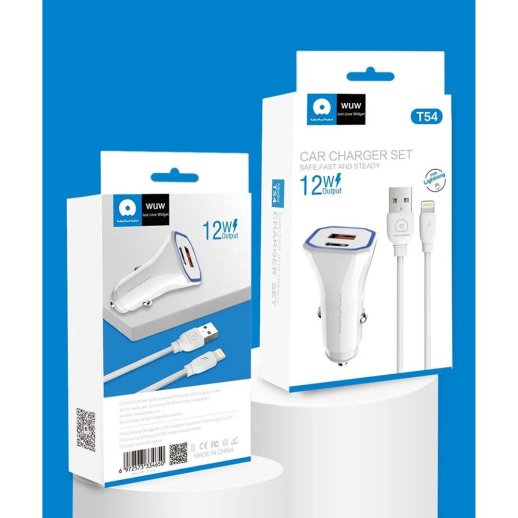 Автомобільний зарядний пристрій WUW T54 USB + TYPE-C 2.4A + кабель USB Lightning (20)