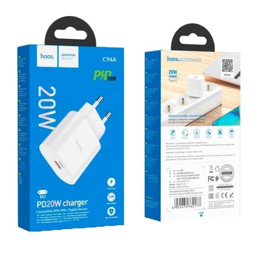 Мережевий зарядний пристрій HOCO C94A TYPE-C PD 20W, білий