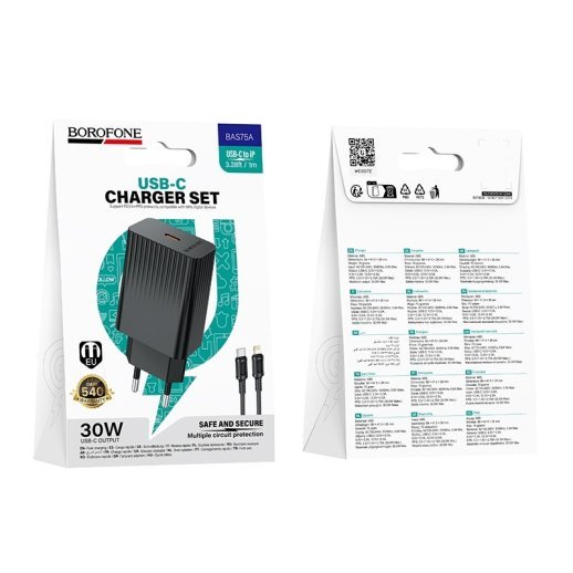 Мережевий зарядний пристрій BOROFONE BAS75A PD 30W USB-C + кабель TYPE-C - LIGHTNING, чорний