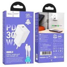 Зарядний пристрій HOCO N70 Nuevo, 30 Вт PD, один USB-C порт, комплект з кабелем Type-C to Lightning, EU-вилка, білий