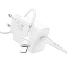 Зарядний пристрій HOCO N70 Nuevo, 30 Вт PD, один USB-C порт, комплект з кабелем Type-C to Lightning, EU-вилка, білий