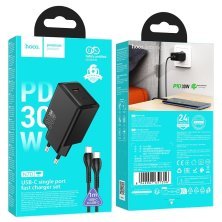 Зарядний пристрій HOCO N70 Nuevo, 30 Вт PD, один USB-C порт, комплект з кабелем Type-C to Type-C, EU-вилка, чорний
