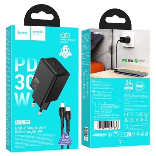 Зарядний пристрій HOCO N70 Nuevo, 30 Вт PD, один USB-C порт, комплект з кабелем Type-C to Type-C, EU-вилка, чорний