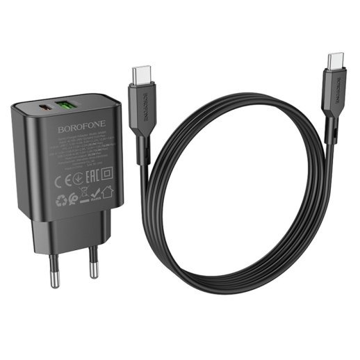 Мережевий зарядний пристрій BOROFONE BA88A TYPE-C PD 20W / USB QC3.0 + кабель TYPE-C - TYPE-C, чорний