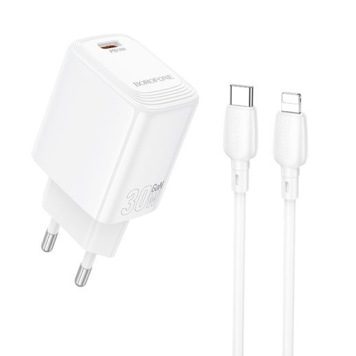 Мережевий зарядний пристрій BOROFONE BN28 PD 30W + кабель TYPE-C - LIGHTNING, білий