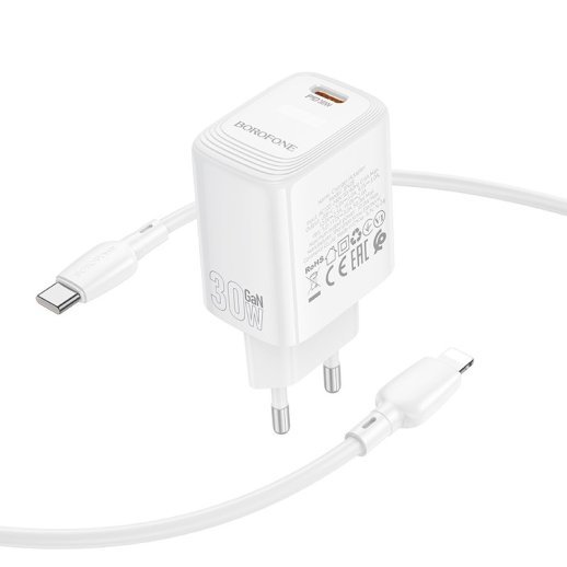 Мережевий зарядний пристрій BOROFONE BN28 PD 30W + кабель TYPE-C - LIGHTNING, білий