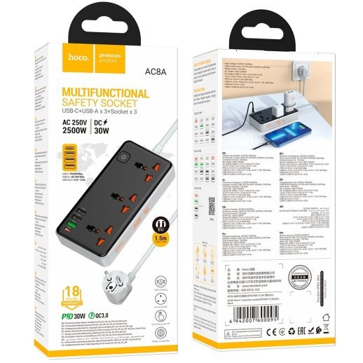Мережевий подовжувач HOCO AC8A 3*USB + Type-C PD 30W + 3*розетки, чорний