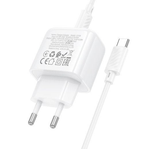 Мережевий зарядний пристрій HOCO CS53A TYPE-C PD 25W + КАБЕЛЬ TYPE-C - TYPE-C, білий