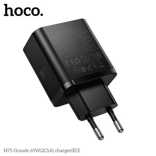 Мережевий зарядний пристрій HOCO N75 Grande 65W Type-C*2 / USB 3.0, чорний