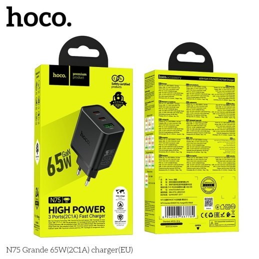 Мережевий зарядний пристрій HOCO N75 Grande 65W Type-C*2 / USB 3.0, чорний