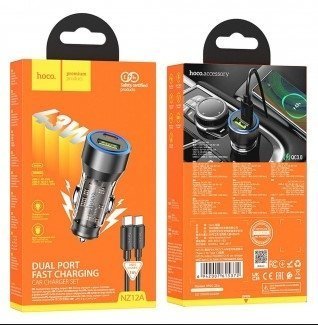 Автомобільний зарядний пристрій HOCO NZ12A 43W TYPE-C PD 25W + USB QC 3.0 18W з кабелем TYPE-C - TYPE-C, ЧОРНИЙ