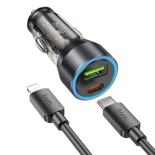 Автомобільний зарядний пристрій HOCO NZ12A 43W TYPE-C PD 25W + USB QC 3.0 18W з кабелем TYPE-C - TYPE-C, ЧОРНИЙ