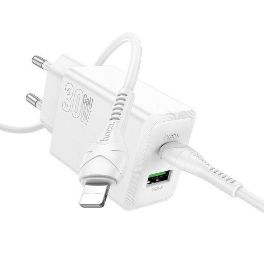 Зарядний пристрій HOCO N71 Nuevo, PD30W + QC3.0, два порти (USB-C + USB-A), комплект з кабелем Type-C to Lightning, EU-вилка, білий