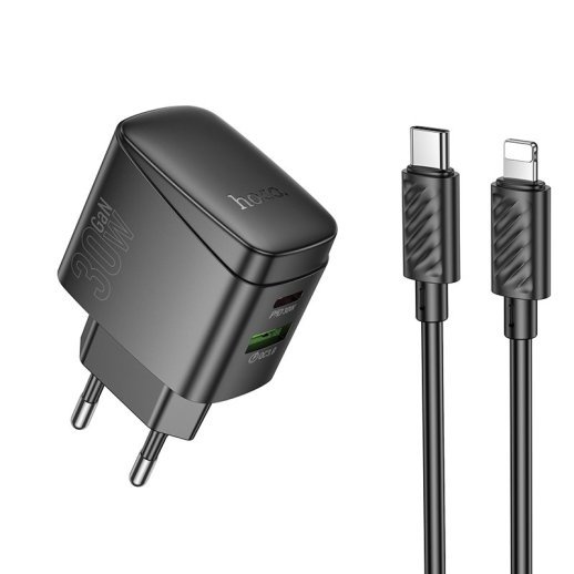 Мережевий зарядний пристрій HOCO CS61A TYPE-C PD 30W + USB QC 3.0 + КАБЕЛЬ Type-C - Lightning, чорний