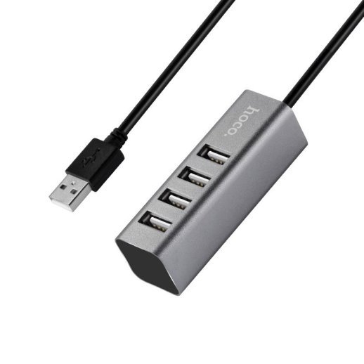 USB HUB HOCO HB1 4В1 Line machine, USB 2.0, 0.8 метри, сірий
